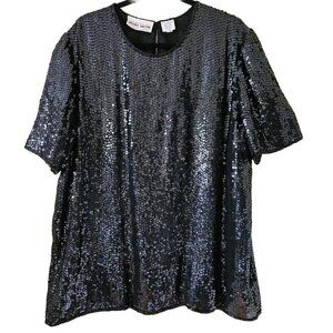 Michel Antoni Top Womens 2X Black Short Sleeve Sequined Silk Witchy Goth Retro